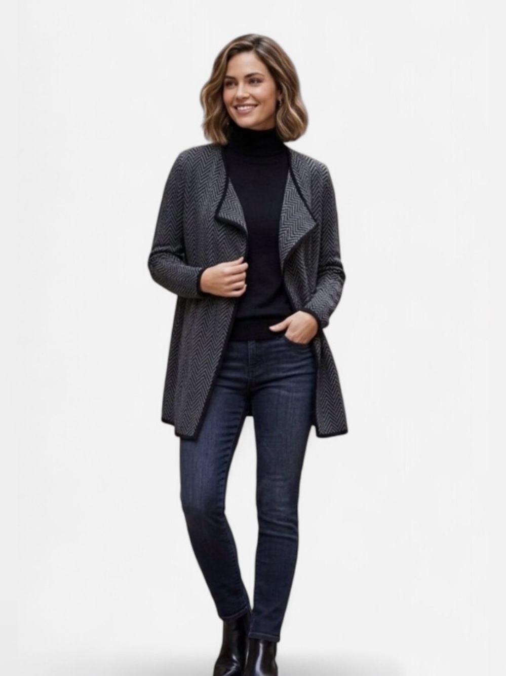 Vince Camuto Gray Herringbone Open-Front Cardigan
